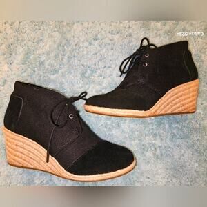 TOMS Burlap Black Ankle Boots Espadrille Wedge Heel